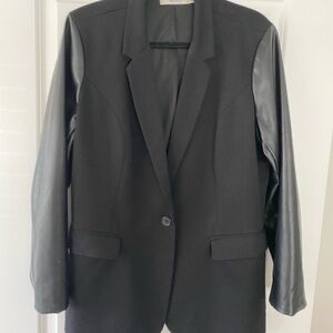 Black Women's Blazer with Faux Leather Sleeves